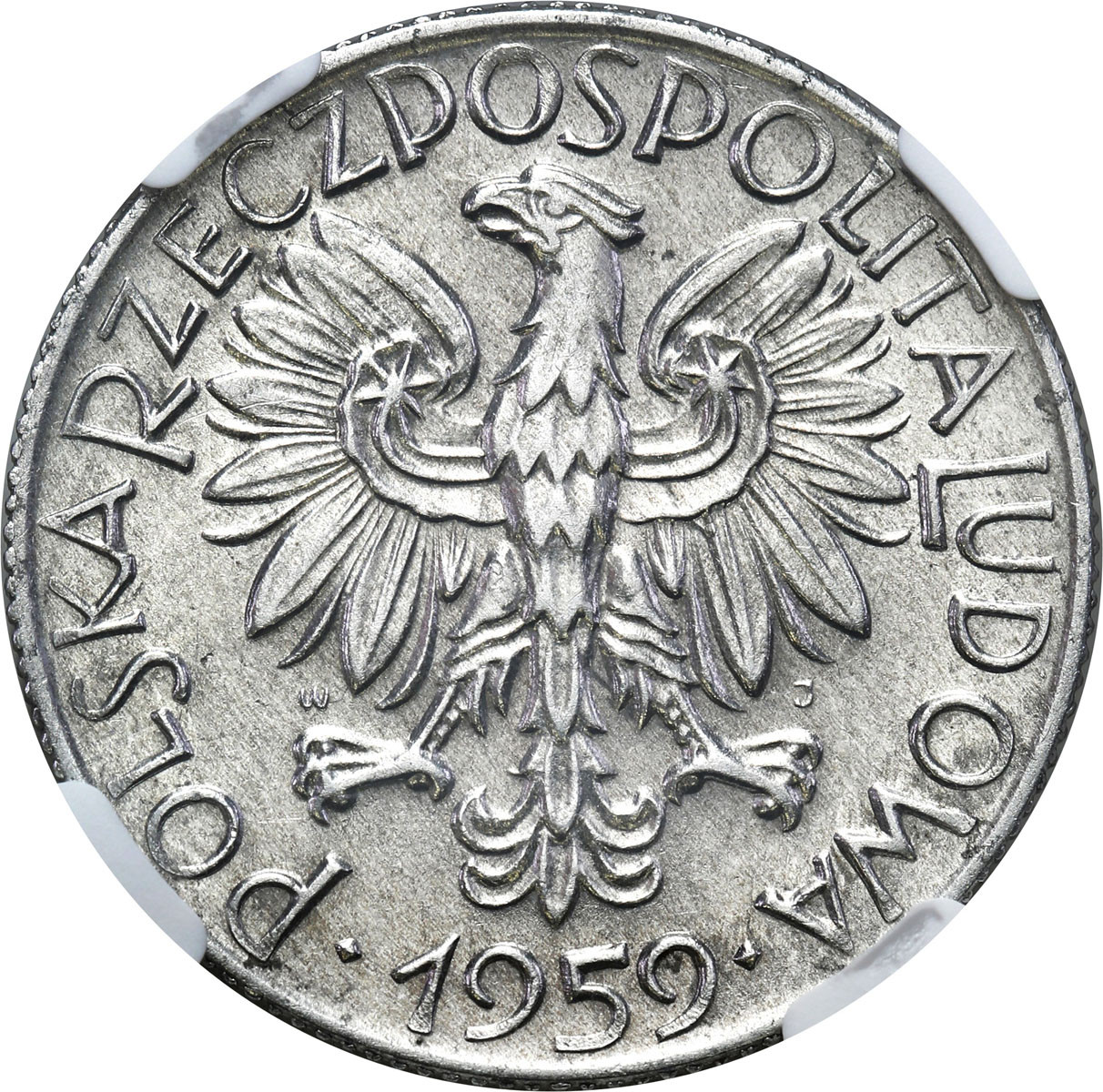 PRL. 5 złotych 1959 Rybak, PODDWÓJNE SŁONECZKO NGC AU58